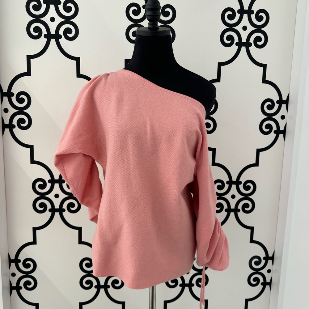 Blush pink off the shoulder scrunch sleeve sweater.